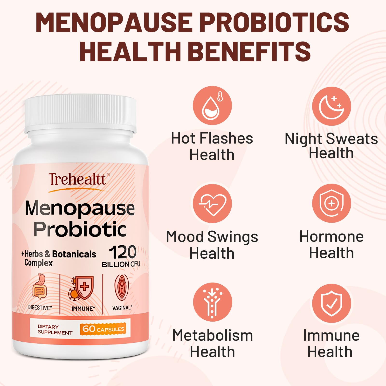 Menopause supplements for women, 120 Billion CFU Probiotic, 13-in-1 Herbs & Botanicals Complex, for Hormone Menopause, Hot Flashes, Night Sweats, Mood Swings, Sleep Disturbances, Vegan, 60 Capsules TrehealttBuy Supplements Australia