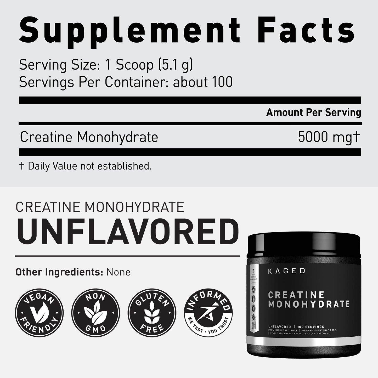 Kaged Creatine Monohydrate Micronized Powder | Unflavored | Muscle Building & Recovery | 5000 mg Per Serving | Vegan, Gluten Free, Easily Digestible