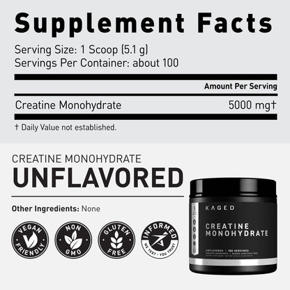 Kaged Creatine Monohydrate Micronized Powder | Unflavored | Muscle Building & Recovery | 5000 mg Per Serving | Vegan, Gluten Free, Easily Digestible
