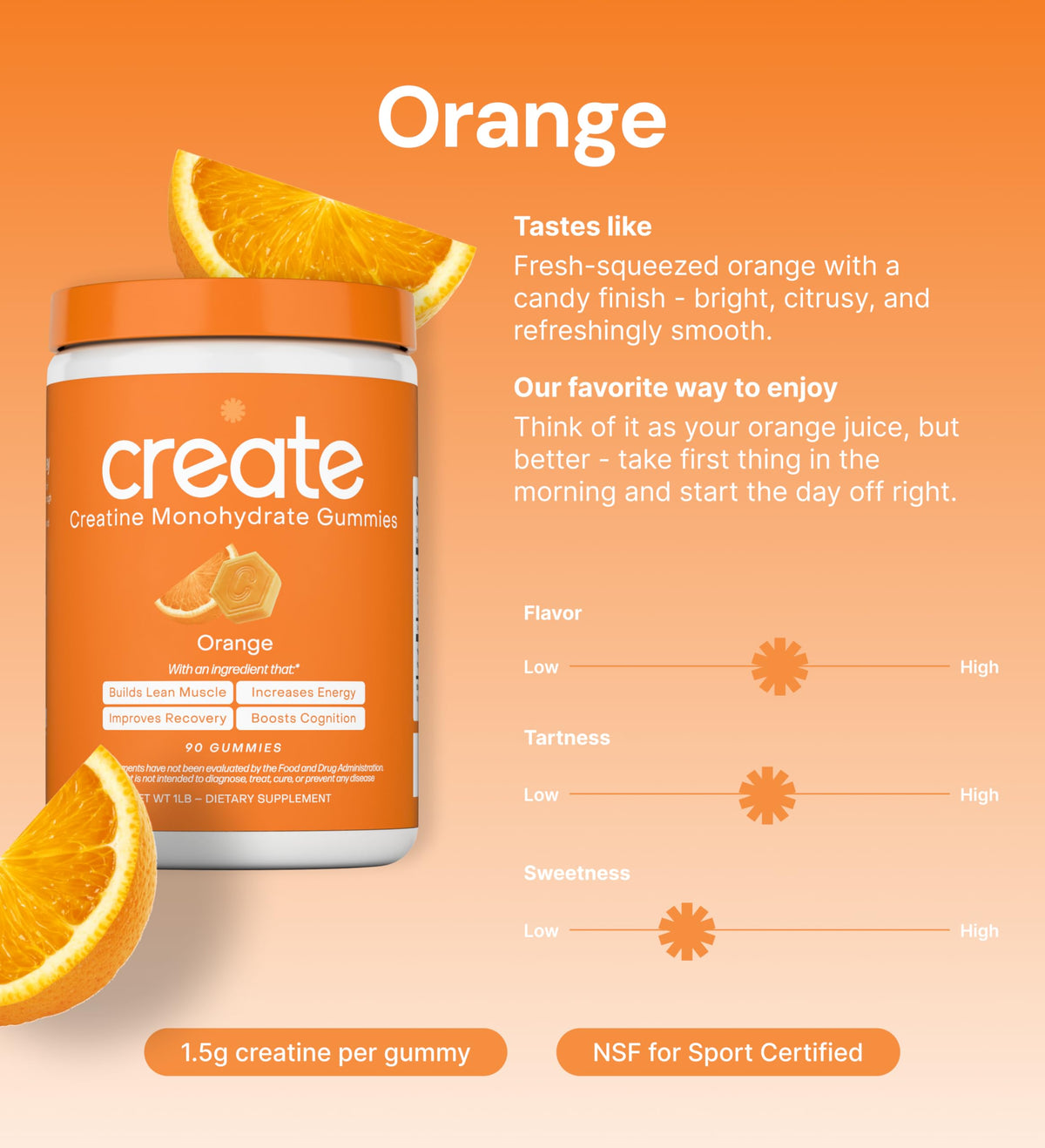 Create Creatine Monohydrate Gummies for Men & Women, Boost Focus, Strength, and Endurance, Anti-Melting Formula, Vegan, Gluten-Free, Non-GMO, 1.5g of Creatine per Gummy (Orange) CreateBuy Supplements Australia