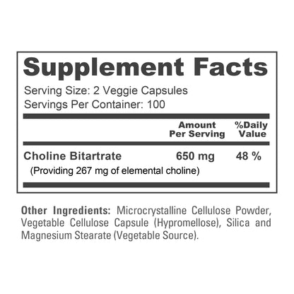 NusaPure Choline Bitartrate - Suitable for Vegetarian/Vegan, Non - GMO - 650 mg 200 Capsules NusaPureBuy Supplements Australia