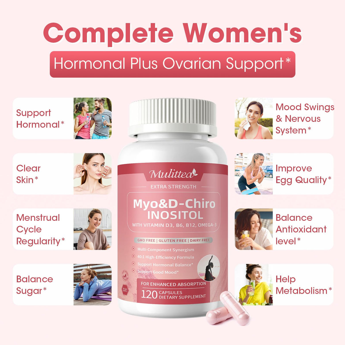 Mulittea Myo-Inositol & D-Chiro Supplement for Women - 14-in-1 Liposomal Inositol with Folic Acid,Omega-3 & Multivitamin for Hormone Balance,Support Ovarian,Skin & Mood- 40:1 Vegan 120 Capsules MulitteaBuy Supplements Australia