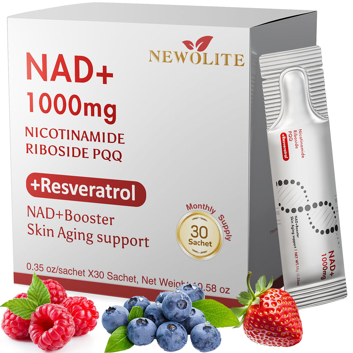 Newlite NAD+ supplement package with berries on a white background