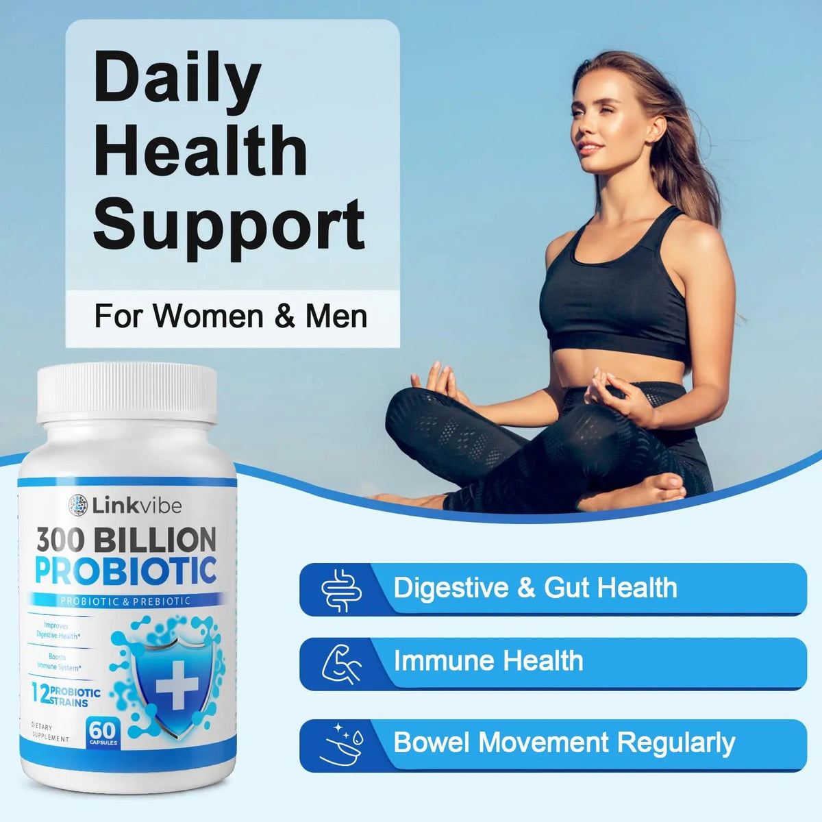 Probiotic 300 Billion CFU - 12 Strains with Organic Prebiotics for Digestive & Gut, Immune, Bloating Health - Probiotics for Women and Men - Daily Dairy Free, Shelf Stable - 60 Counts Linkvibe buy supplements Au