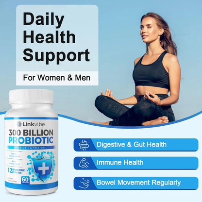 Probiotic 300 Billion CFU - 12 Strains with Organic Prebiotics for Digestive & Gut, Immune, Bloating Health - Probiotics for Women and Men - Daily Dairy Free, Shelf Stable - 60 Counts Linkvibe buy supplements Au