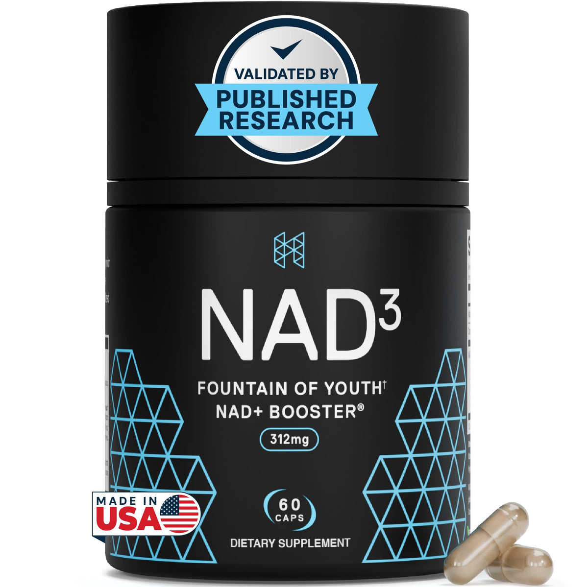NAD3 supplement container with capsules on a white background