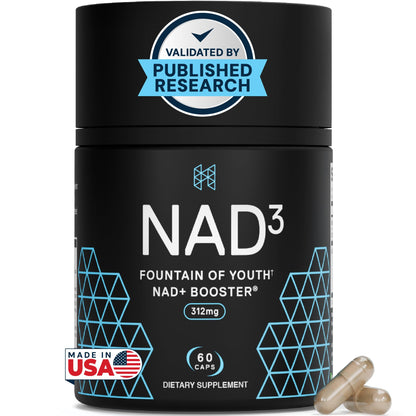 NAD3 supplement container with capsules on a white background