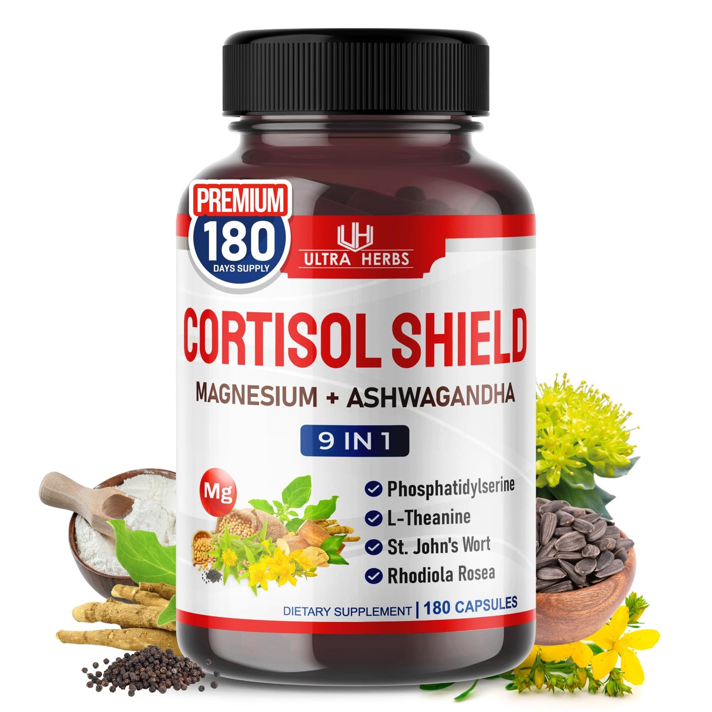 CORTISOL Shield 9-in-1 -Magnesium + Ashwagandha with Phosphatidylserine, L-Theanine, St. John's Wort, Rhodiola Rosea - Relaxation Support, Hormone Balance (180 Count (Pack of 1)) ULTRA HERBSBuy Supplements Australia