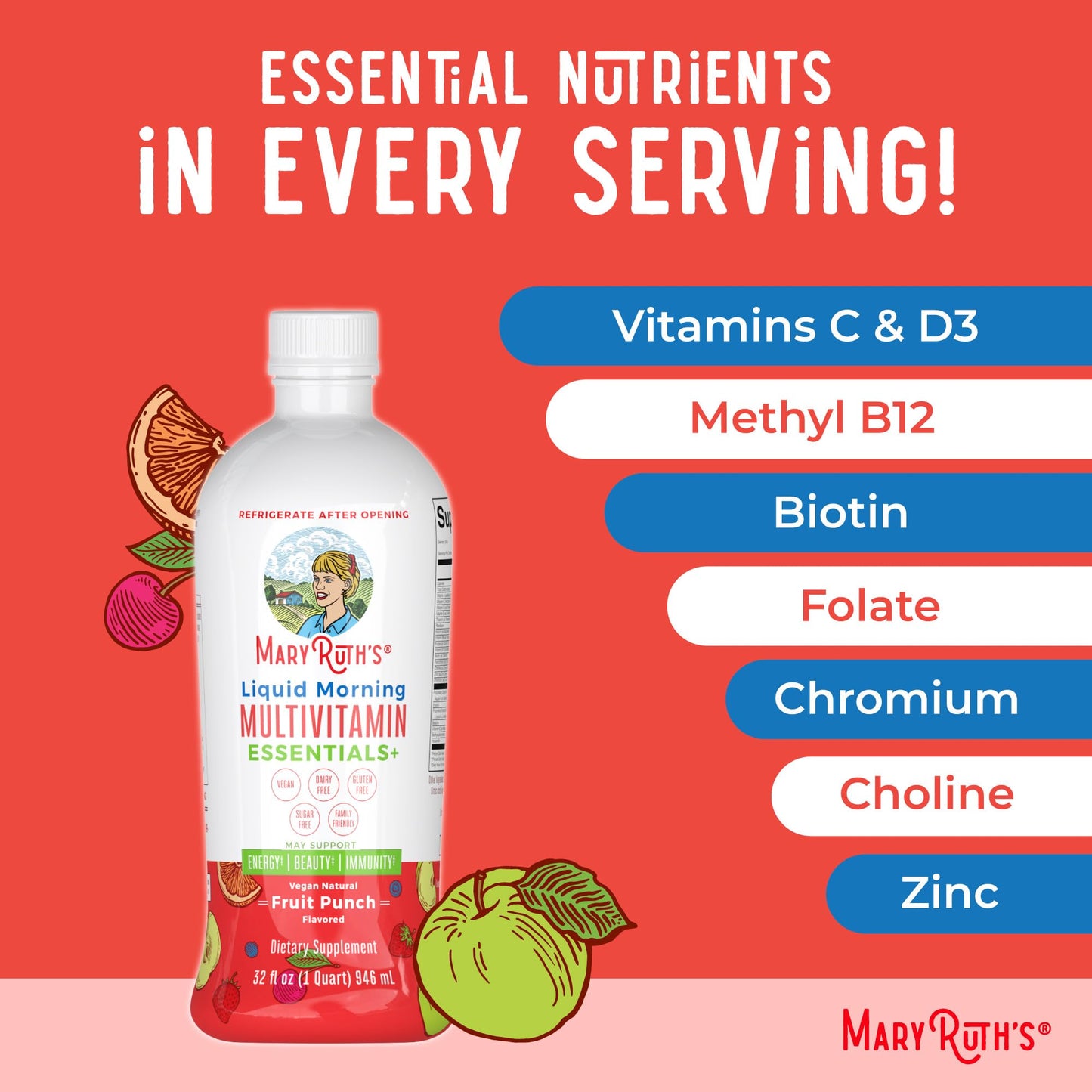 MaryRuth Organics Liquid Morning Multivitamin Essentials+ | Vitamin A C D E B6 B12 Biotin Zinc, Mens Womens Multivitamin, Immune Support, Beauty | Sugar Free | Vitamins for Ages 1+ | Vegan | 32 Fl Oz MARYRUTH'SBuy Supplements Australia