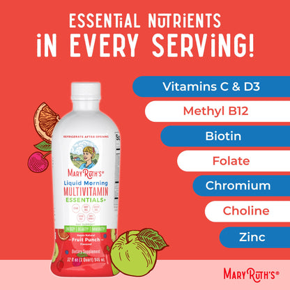 MaryRuth Organics Liquid Morning Multivitamin Essentials+ | Vitamin A C D E B6 B12 Biotin Zinc, Mens Womens Multivitamin, Immune Support, Beauty | Sugar Free | Vitamins for Ages 1+ | Vegan | 32 Fl Oz MARYRUTH'SBuy Supplements Australia