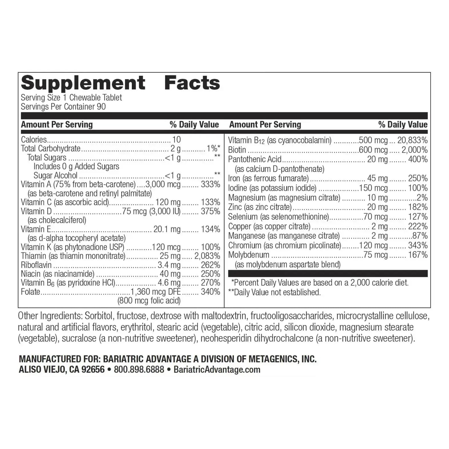 Bariatric Advantage Chewable Ultra Solo with Iron - Once-Per-Day Daily Multivitamin - for Bariatric Surgery Patients - Thiamin, Vitamin A & More Bariatric Advantage