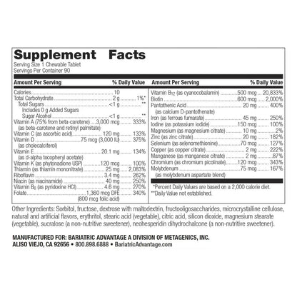 Bariatric Advantage Chewable Ultra Solo with Iron - Once-Per-Day Daily Multivitamin - for Bariatric Surgery Patients - Thiamin, Vitamin A & More Bariatric Advantage
