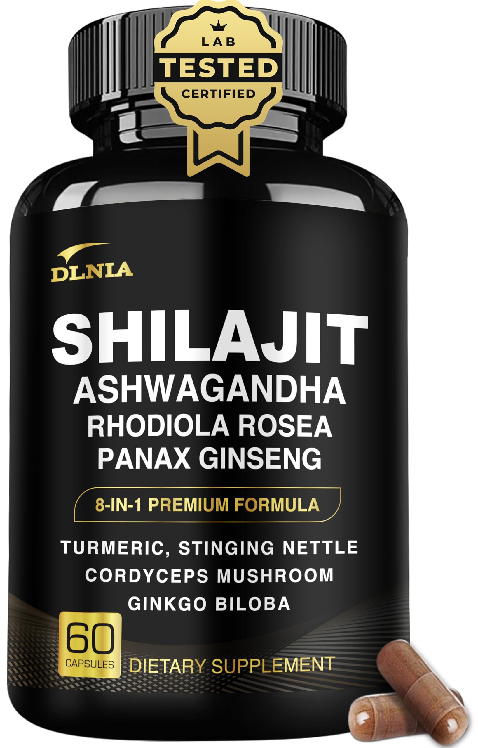 DLNIA 8-in-1 Shilajit for Men & Women with Ashwaganda Himalayan Organic Supplement with Rhodiola Rosea, Ginseng, Turmeric, Mushroom, for Immune Support, Energy, Calm, Focus, Clarity, Sleep, Cortisol DLNIABuy Supplements Australia