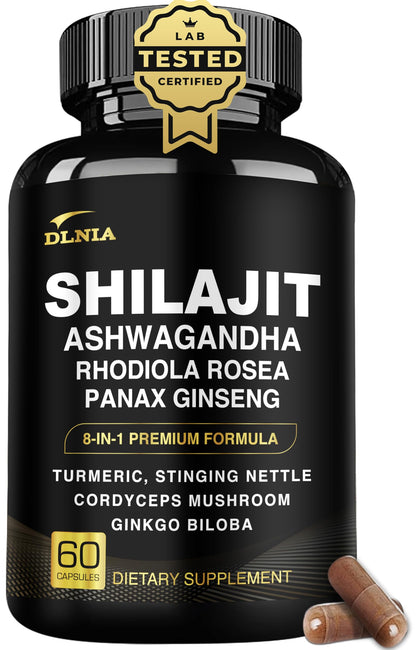 DLNIA 8-in-1 Shilajit for Men & Women with Ashwaganda Himalayan Organic Supplement with Rhodiola Rosea, Ginseng, Turmeric, Mushroom, for Immune Support, Energy, Calm, Focus, Clarity, Sleep, Cortisol DLNIABuy Supplements Australia