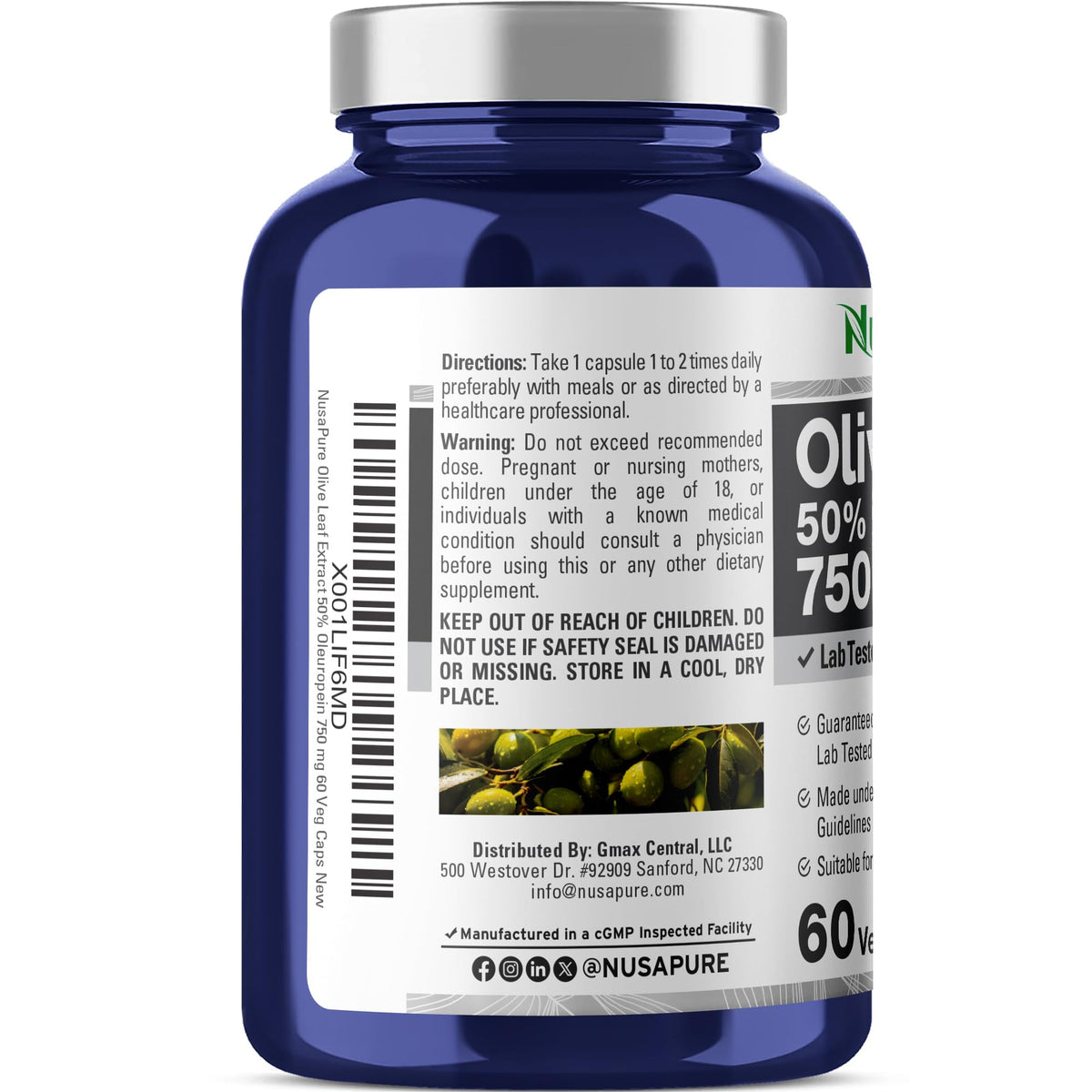 NusaPure Olive Leaf Extract 750 mg - 50% Oleuropein - Vegan and Vegetarian Non-GMO - Super Strength - No Oil - 60 Capsules NusaPureBuy Supplements Australia