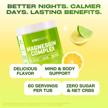 GoBiotix Magnesium Glycinate Powder – Cortisol Supplements for Women and Men – High Absorption Magnesium Complex Calm Supplement with Citrate, Malate – Sugar Free – 420 mg, 60 Servings - Lemon Lime GOBIOTIXBuy Supplements Australia
