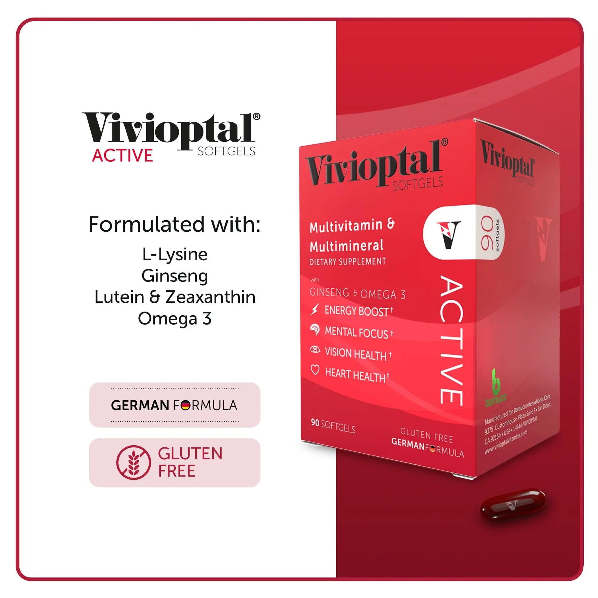 Vivioptal Active, 90 Softgels, Ginseng & Omega 3, Multivitamin & Multimineral, Gluten Free, German Formula Vivioptal Vitamins