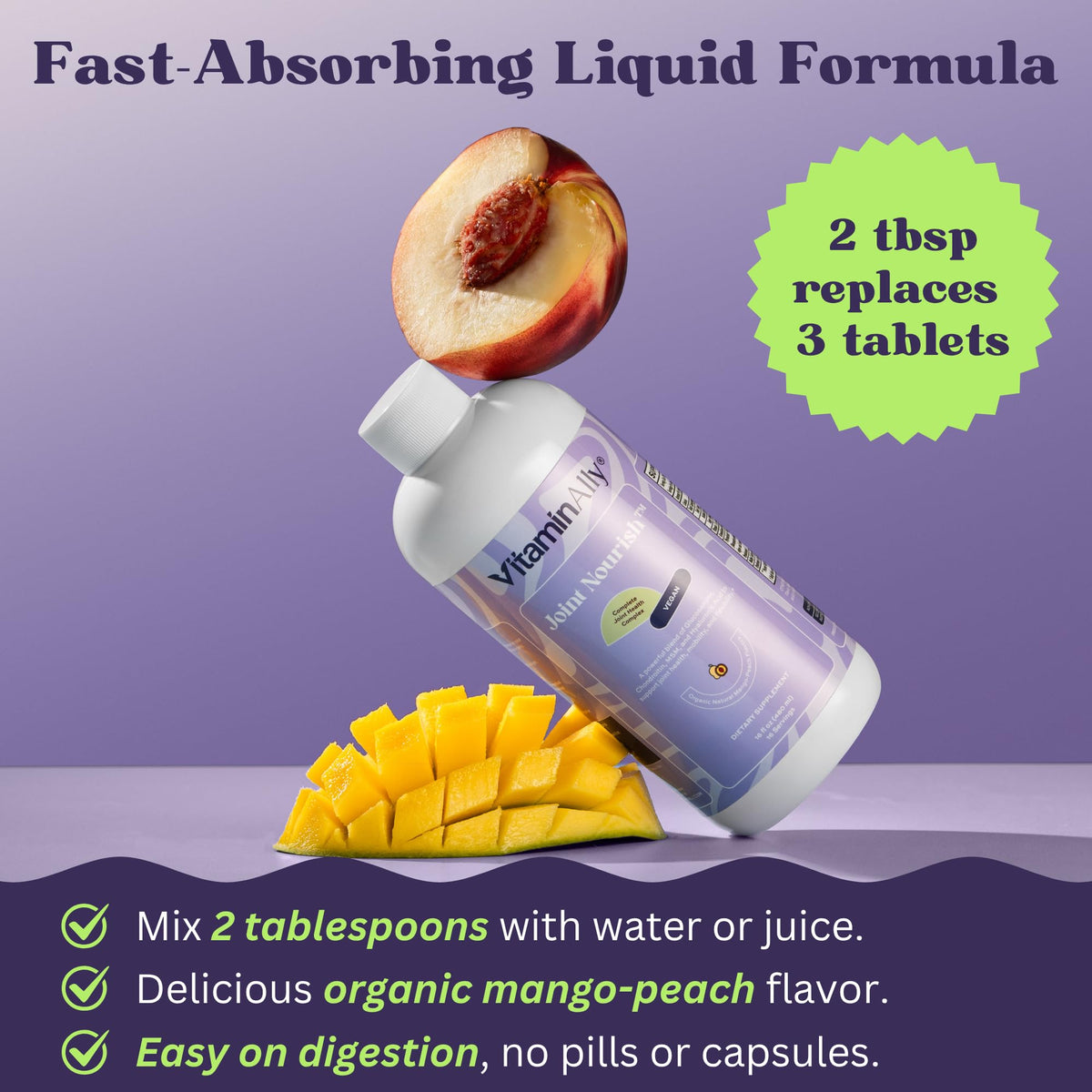 Joint Nourish – 100% Vegan Liquid Joint Supplement | Vegan Glucosamine, Chondroitin, MSM, Hyaluronic Acid & Vitamin C | Mango-Peach | Supports Joint Mobility, Cartilage & Skin | Sugar-Free,16 Servings VitaminallyBuy Supplements Australia