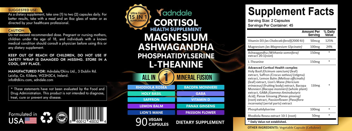 Adndale Cortisol Supplements for Women. Cortisol Reducer 14-in-1 Ashwagandha Supplement with Magnesium Glycinate, L-Theanine & More. 90 Capsules. AdndaleBuy Supplements Australia