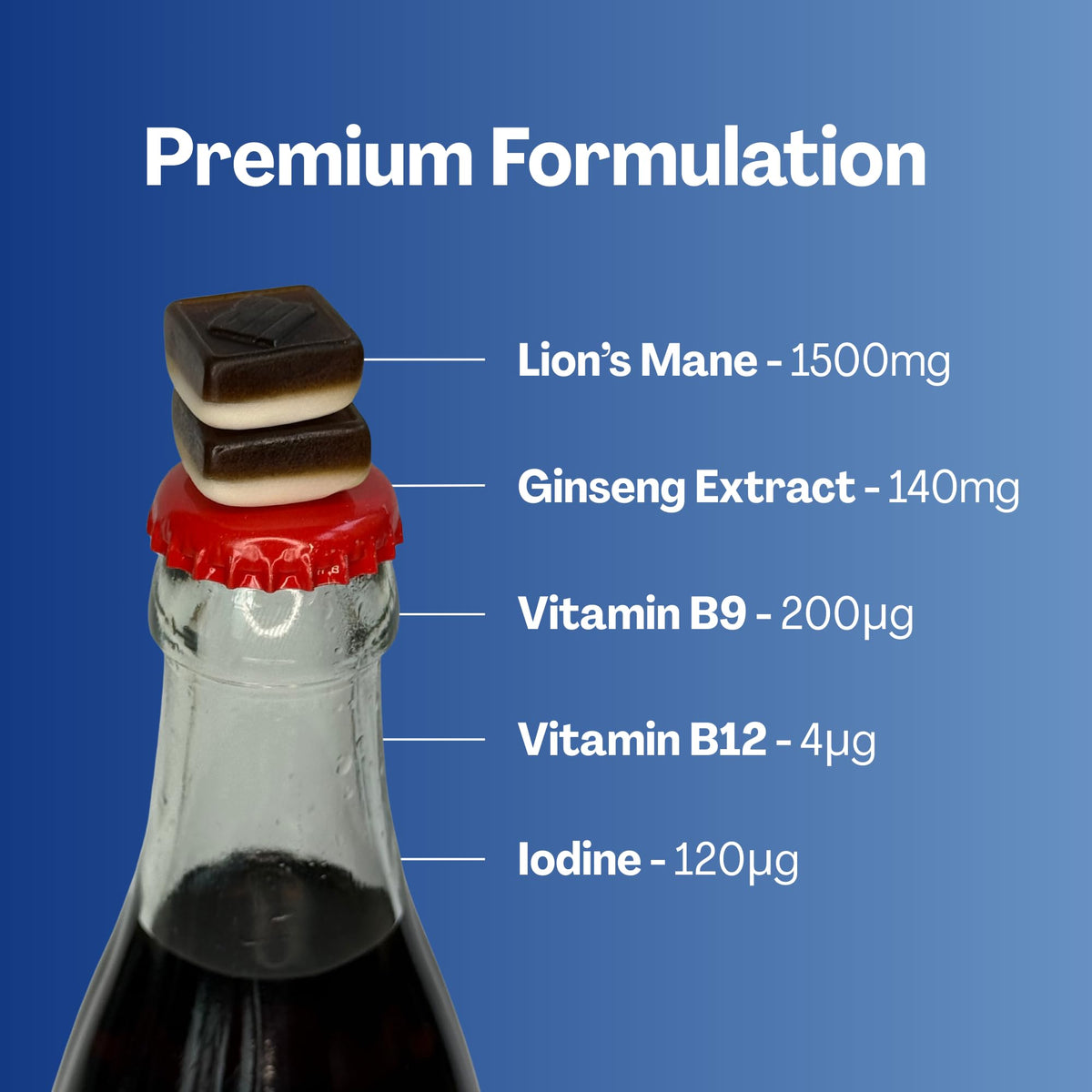 URVI 1500mg Lion's Mane Gummies with Ginseng, Folate 5-MTHF, B12 & Iodine – Focus Nootropic Brain Supplement Boosts Memory, Focus & Energy – Sugar-Free – Cola Flavor – 60 Count URVIBuy Supplements Australia