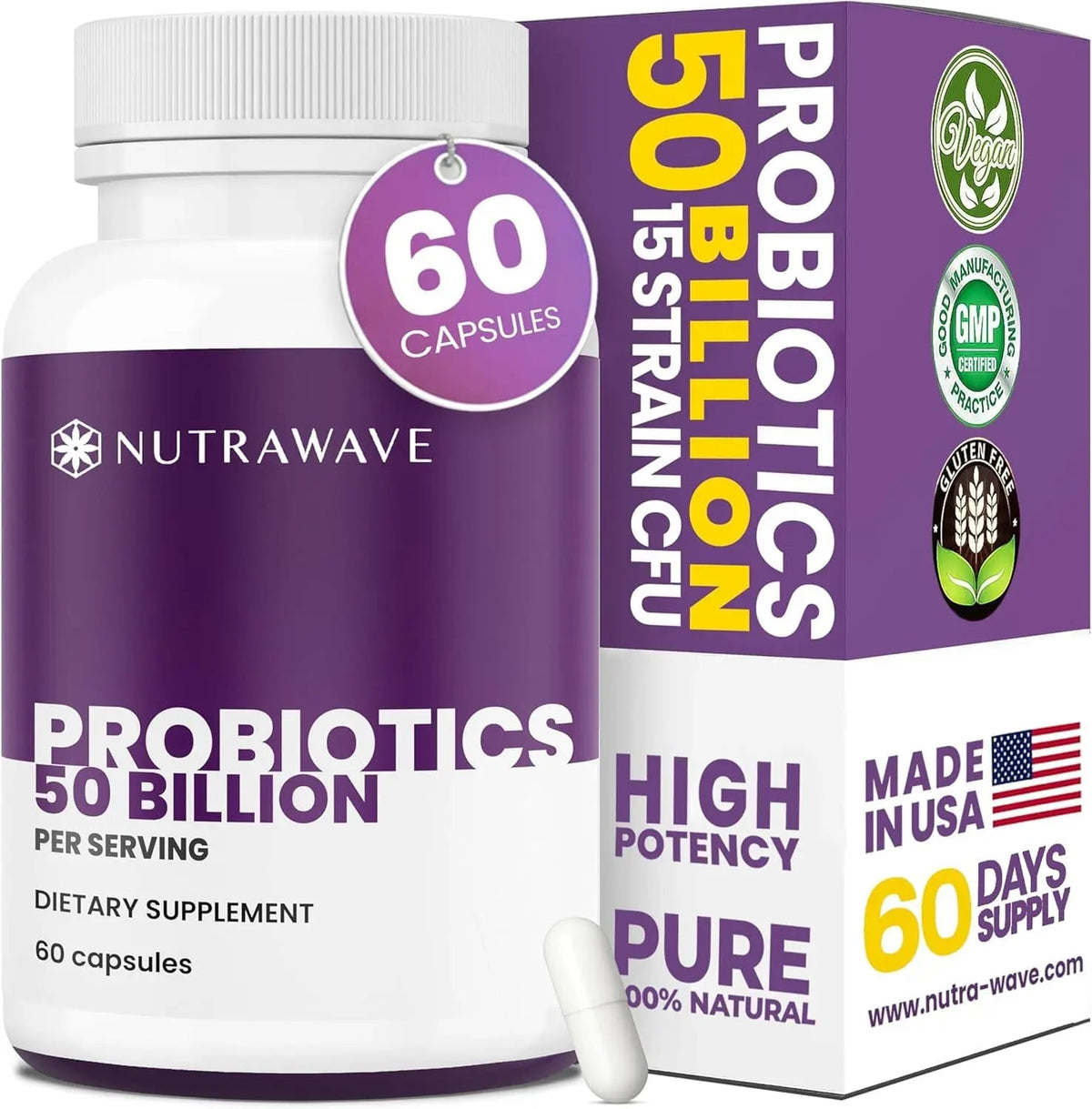 Nutrawave 50 Billion Probiotics for Women & Men, 15 Strains Active Culture. Relieves Bloating & Constipation, Improved Digestion & Gut Health Supplement, Vegan. 60 Powerful Small Capsules. Nutra WaveBuy Supplements Australia
