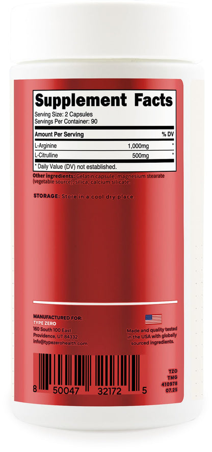 Type Zero L-Arginine + L-Citrulline Supplement (1500mg) - Nitric Oxide Booster - Clean, Keto-Friendly, GMO-Free, 180 Capsules, 90 Servings Type ZeroBuy Supplements Australia