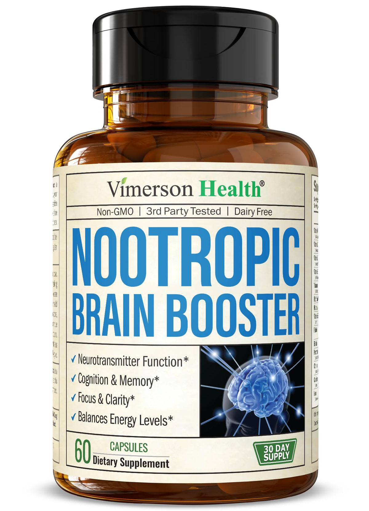 Nootropics Brain Support Supplement - Nootropic Brain Booster for Improved Focus, Concentration & Memory. Brain Nootropic for Brain Health, Mood & Energy Support. Non-GMO. Made in the USA. 60 Capsules Vimerson HealthBuy Supplements Australia