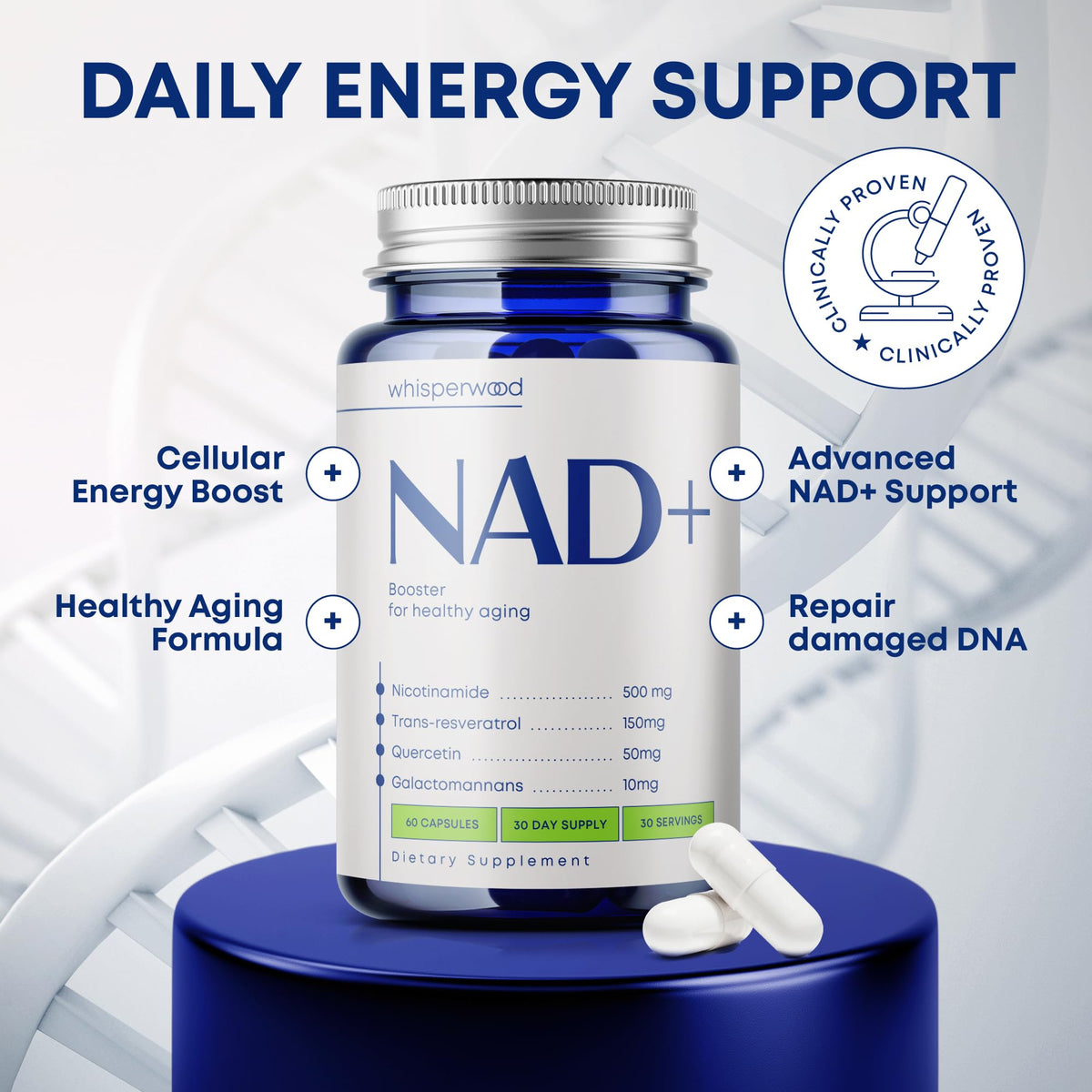 NAD+ Supplement with Nicotinamide Riboside, Trans Resveratrol & Quercetin – NAD Plus Complex for Energy, Brain & Mitochondrial Support – Antioxidant and Longevity Formula for Women & Men – 60 capsules WHISPERWOODBuy Supplements Australia