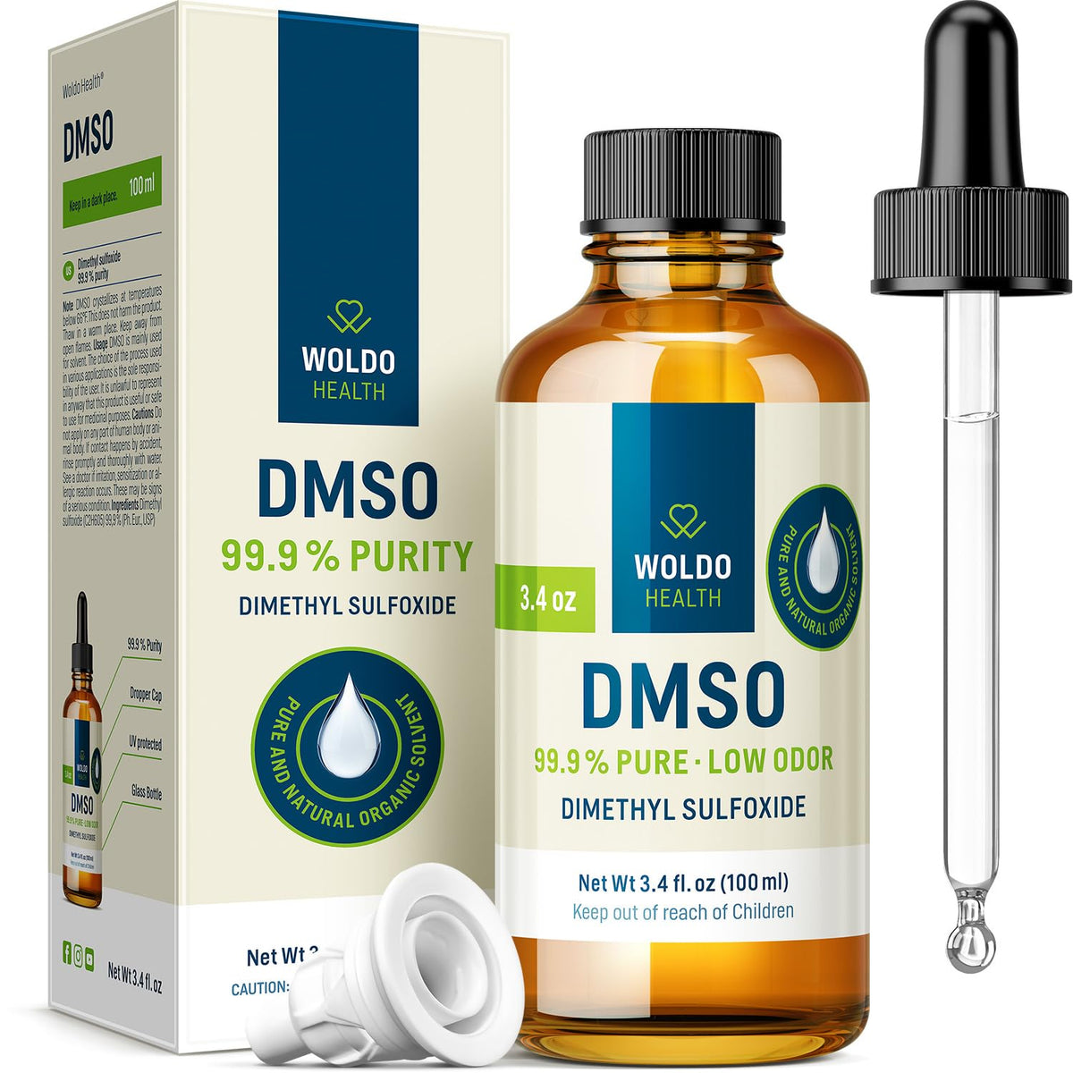 Woldo Health DMSO bottle with packaging and dropper on a white background