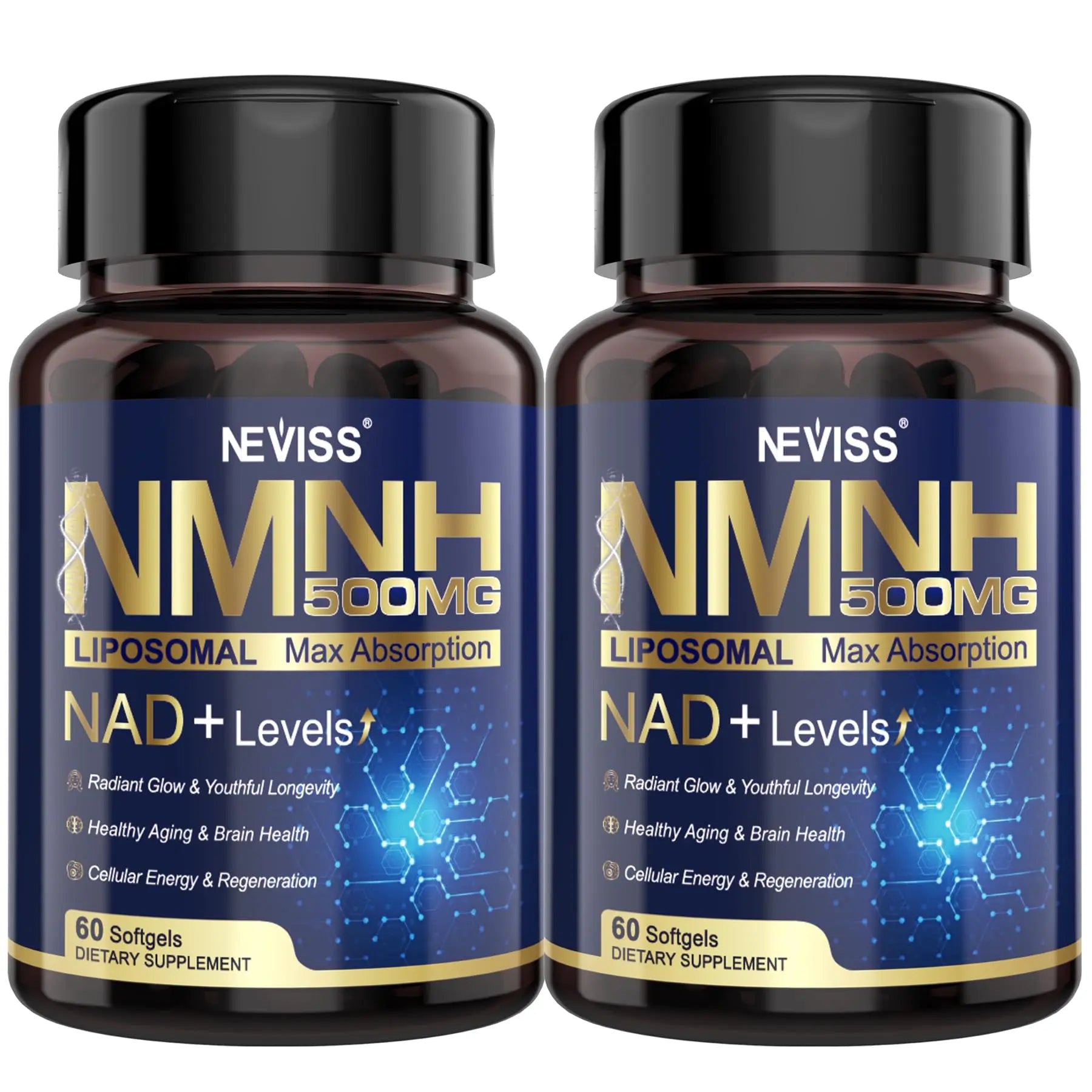 2Pack NAD+ Supplement, Next-Gen NMNH Liposomal 500mg, NR NMN Supplement Alternative, High Absorption NAD+ with Curcumin, Niacinamide for Cellular Energy, DNA Repair, Healthy Aging, 120 Softgels NEVISSBuy Supplements Australia