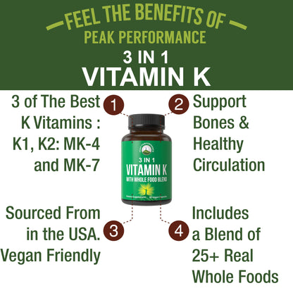 Vitamin K with Whole Food Blend of 25+ Vegetables and Fruits for Max Absorption. Vegan Capsules Supplement. Vitamins K1, K-2 MK4 + K2 Natto MK7. Alternative to Drops, Gummies. VIT K with K 2 and MK-7 Peak PerformanceBuy Supplements Australia