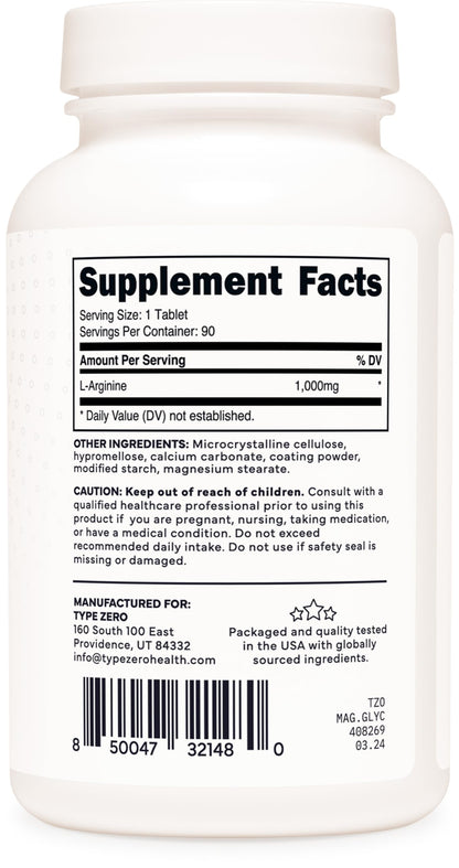 Type Zero L-Arginine 90 Tablets 1,000 mg per Serving - Non-GMO Type ZeroBuy Supplements Australia