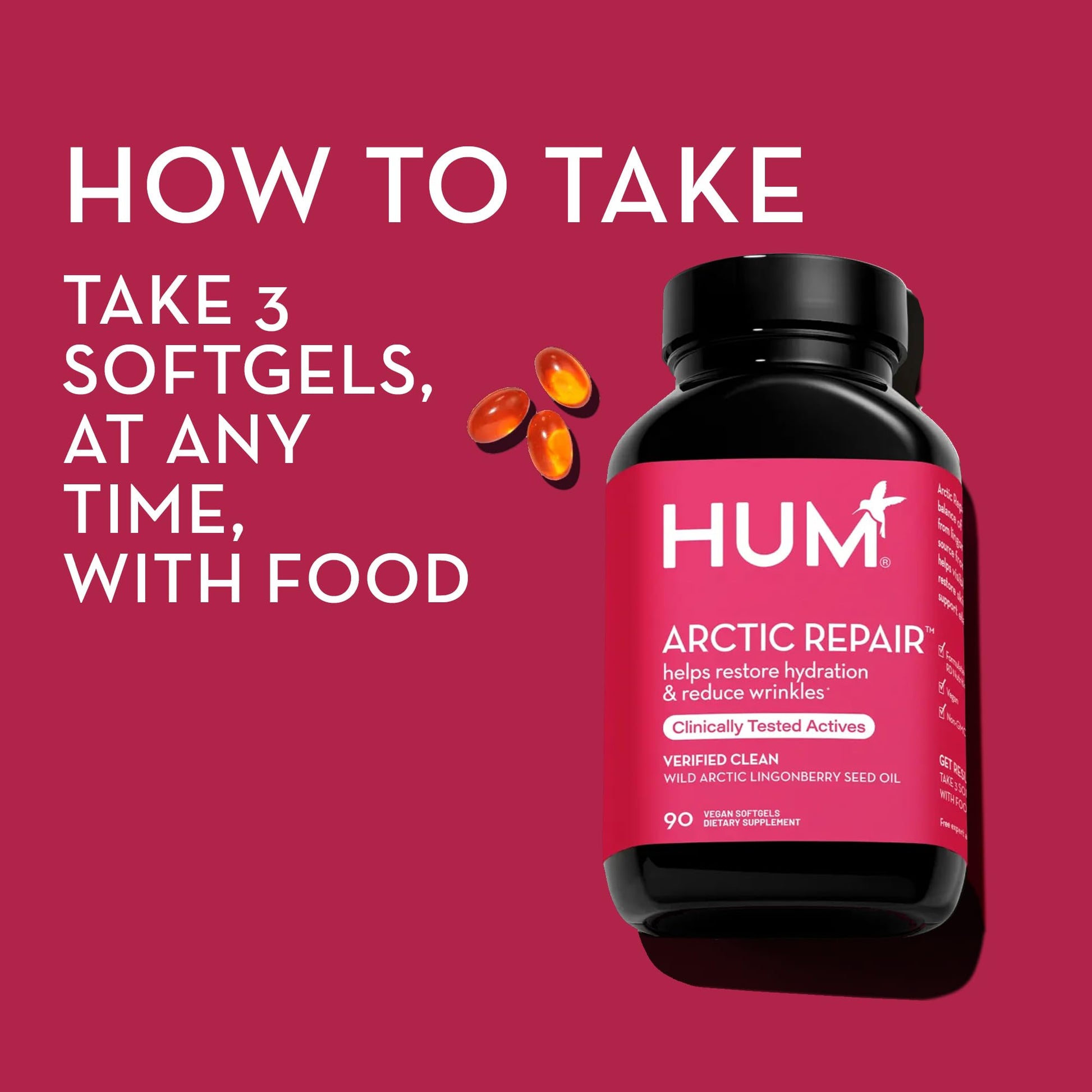 HUM Arctic Repair Clear Skin Supplement with Omega 3, Vitamin E, A, and Lingonberry Seed Oil, Skin Repair with Omega 3 6 9 to Help Support Appearance of Wrinkles & Hydrate, 90 Vegan Softgels HUMBuy Supplements Australia