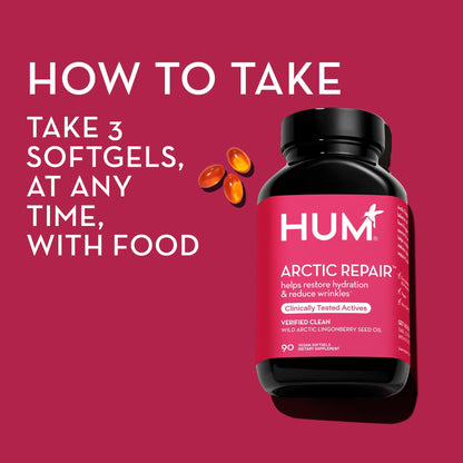 HUM Arctic Repair Clear Skin Supplement with Omega 3, Vitamin E, A, and Lingonberry Seed Oil, Skin Repair with Omega 3 6 9 to Help Support Appearance of Wrinkles & Hydrate, 90 Vegan Softgels HUMBuy Supplements Australia