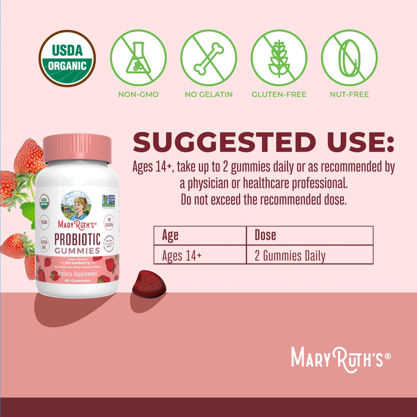 MaryRuth Organics USDA Organic Probiotic Gummies |Probiotics forWomen & Men Digestive Health & Gut Comfort Supplement 5 Billion CFU | Immune & Digestive Support | Vegan | Non-GMO | 60 Count MARYRUTH'SBuy Supplements Australia