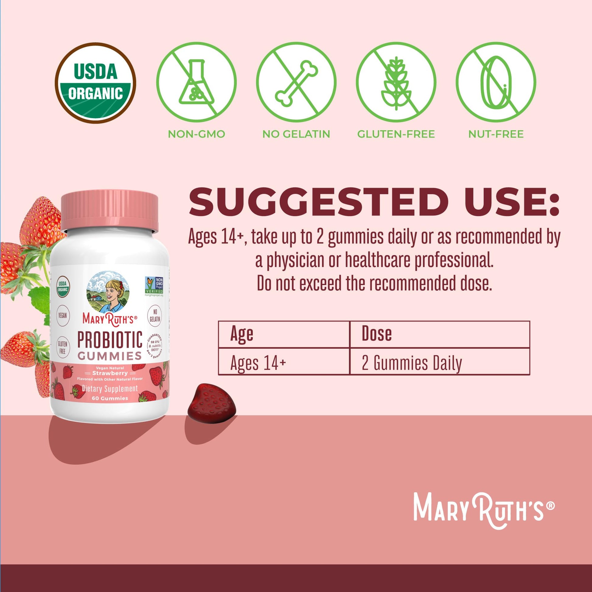 MaryRuth Organics USDA Organic Probiotic Gummies |Probiotics forWomen & Men Digestive Health & Gut Comfort Supplement 5 Billion CFU | Immune & Digestive Support | Vegan | Non-GMO | 60 Count MARYRUTH'SBuy Supplements Australia
