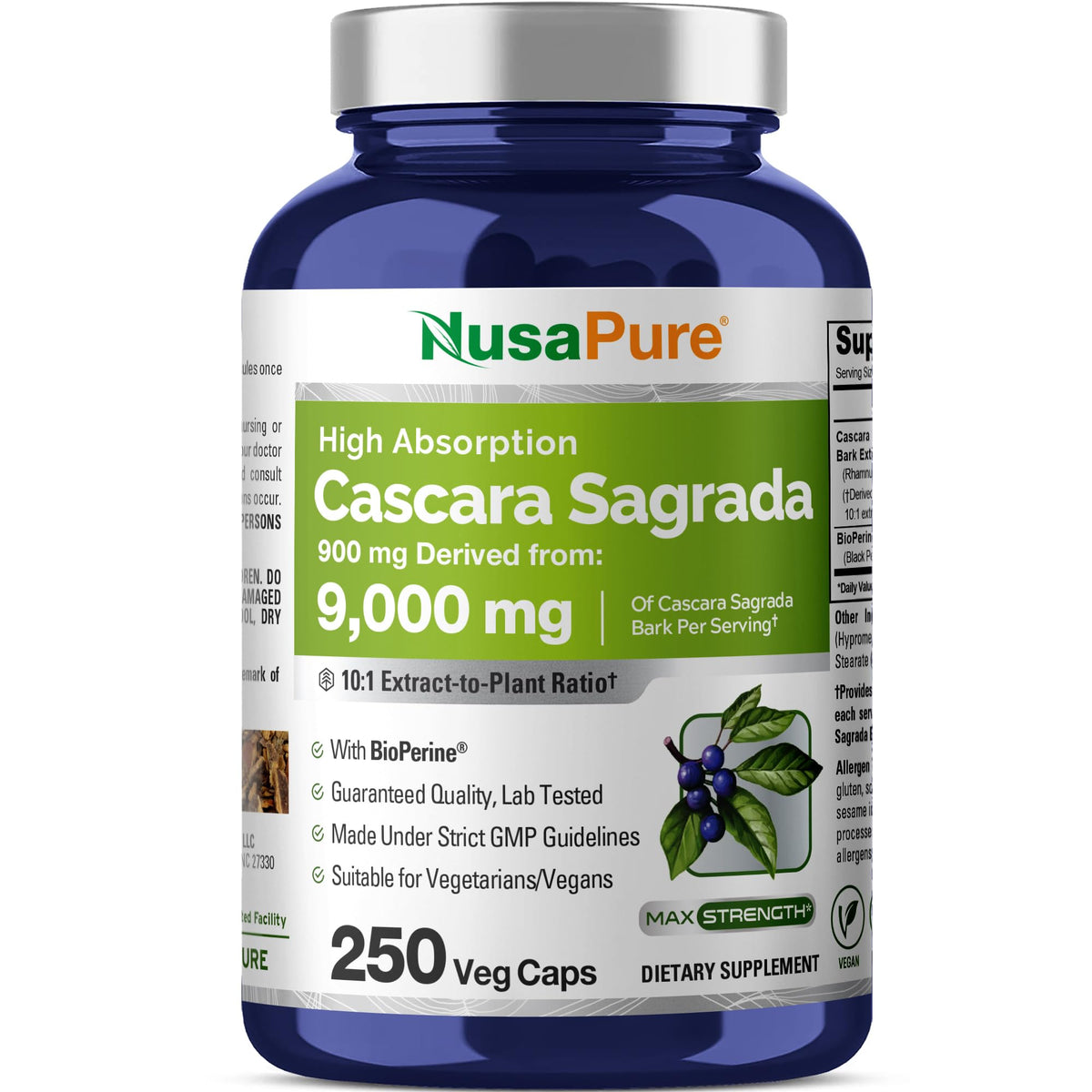 NusaPure Cascara Sagrada 10:1 Extract, 900 mg Equivalent to 9,000 mg per Veggie Caps - 250 Capsules (Non-GMO, Vegan) NusaPureBuy Supplements Australia