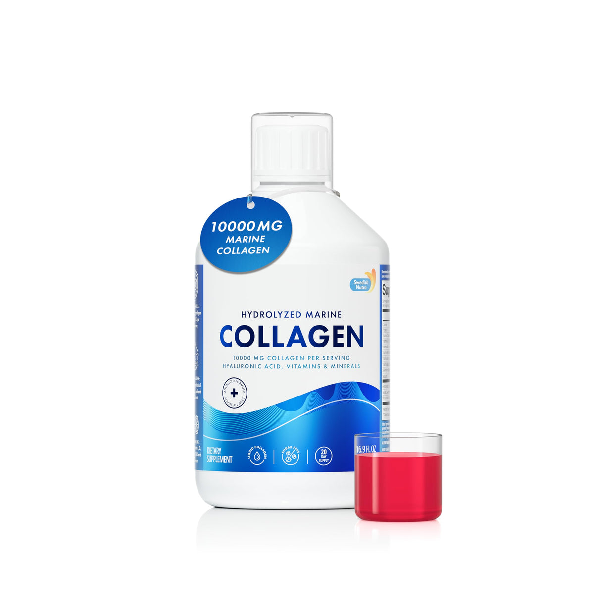 Swedish Nutra 10,000 mg Hydrolyzed Marine Collagen Liquid Supplement - 500 ml, 20 Day Supply | Hyaluronic Acid, Biotin & Vitamin C for Healthy Hair, Skin, Nails & Joints | For Men & Women | Sugar-Free Swedish NutraBuy Supplements Australia