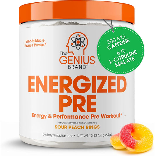 Genius Energized Pre Workout Powder – Caffeine Infused Pre-Workout Booster Supplement with Beta Alanine & Alpha GPC, No Artificial Sweeteners or Dyes - 200mg Caffeine, 20 Servings, Sour Peach Rings The Genius BrandBuy Supplements Australia