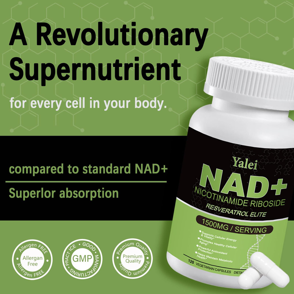 Yalei NAD Resveratrol Supplement 1500mg,120 Veggie Capsules | Liposomal NAD Plus Boosting | Support Cellular Health, Stamina & Healthy Aging for Women & Men | Non-GMO YaleiBuy Supplements Australia
