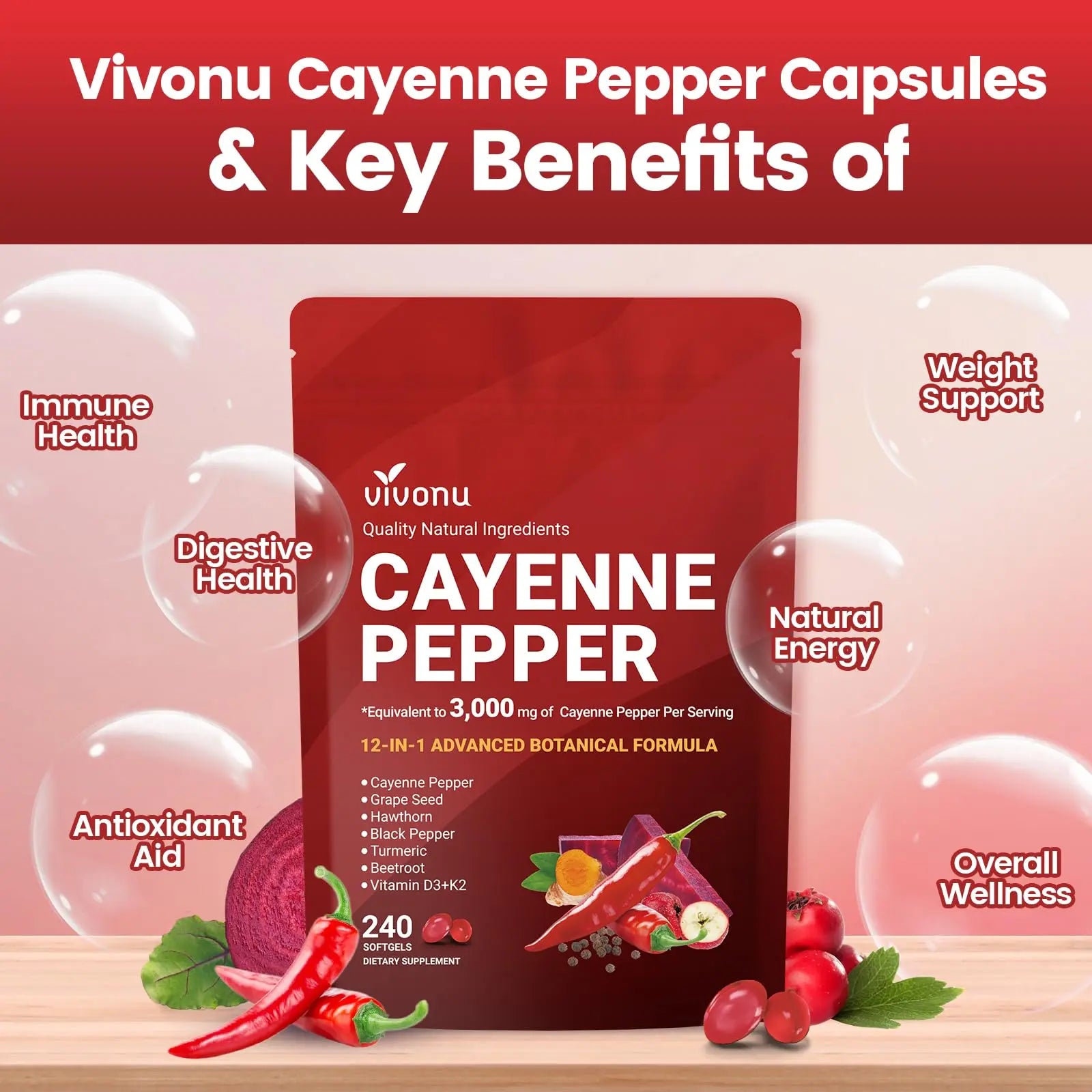 VivoNu Cayenne Pepper Softgels Supplement, Supports Leg Vein, Heart and Blood Vessel Health, with Vitamin E D3+K2 and Extracts of Grape Seed, Hawthorn VivoNu canada supplements