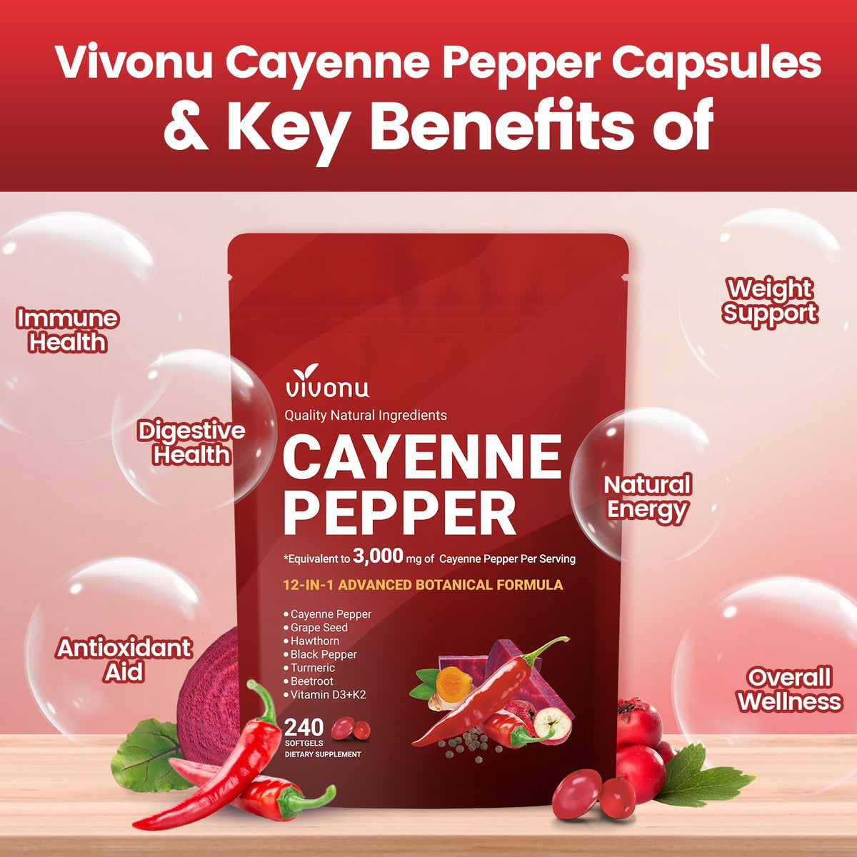 VivoNu Cayenne Pepper Softgels Supplement, Supports Leg Vein, Heart and Blood Vessel Health, with Vitamin E D3+K2 and Extracts of Grape Seed, Hawthorn