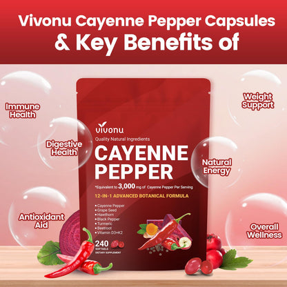 VivoNu Cayenne Pepper Softgels Supplement, Supports Leg Vein, Heart and Blood Vessel Health, with Vitamin E D3+K2 and Extracts of Grape Seed, Hawthorn