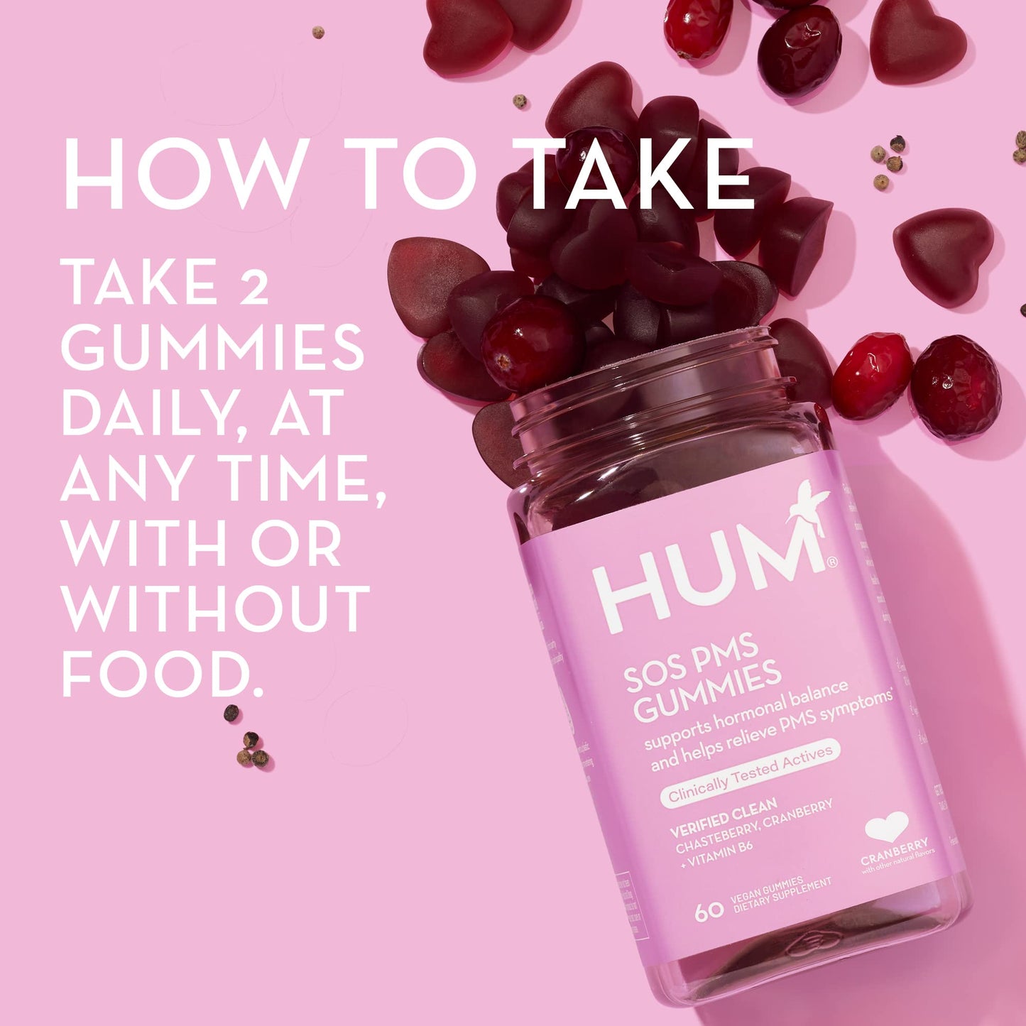 HUM Nutrition SOS PMS Gummies, PMS Support Supplement for Women, Support Cycle Symptoms, Bloating, Hormonal Balance, Includes Vitamin B6, Cranberry & Chasteberry Vitex, Gluten Free, 60 Vegan Gummies HUMBuy Supplements Australia