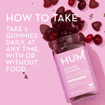 HUM Nutrition SOS PMS Gummies, PMS Support Supplement for Women, Support Cycle Symptoms, Bloating, Hormonal Balance, Includes Vitamin B6, Cranberry & Chasteberry Vitex, Gluten Free, 60 Vegan Gummies HUMBuy Supplements Australia