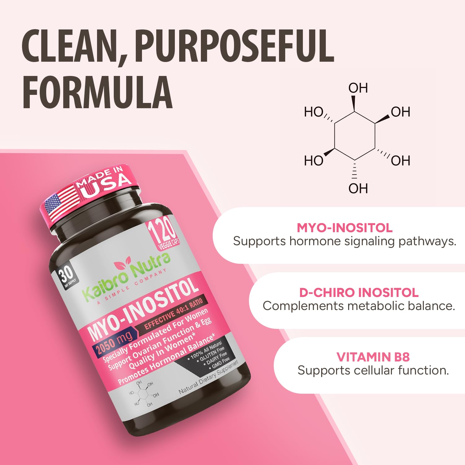 Kaibro Nutra Myo-Inositol Supplement, Myo-Inositol & D-Chiro Inositol 40:1 Ratio, Hormone Balance & Ovarian Support for Women with Vitamin B8, 2050mg, Vegan, Non-GMO Capsules 120 Count Kaibro NutraBuy Supplements Australia