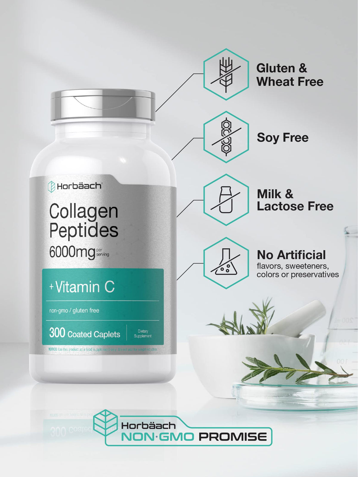Horbäach Collagen Peptides 6000mg | 300 Caplet Pills | with Vitamin C | Hydrolyzed Collagen Supplement | Non-GMO, Gluten Free HorbäachBuy Supplements Australia