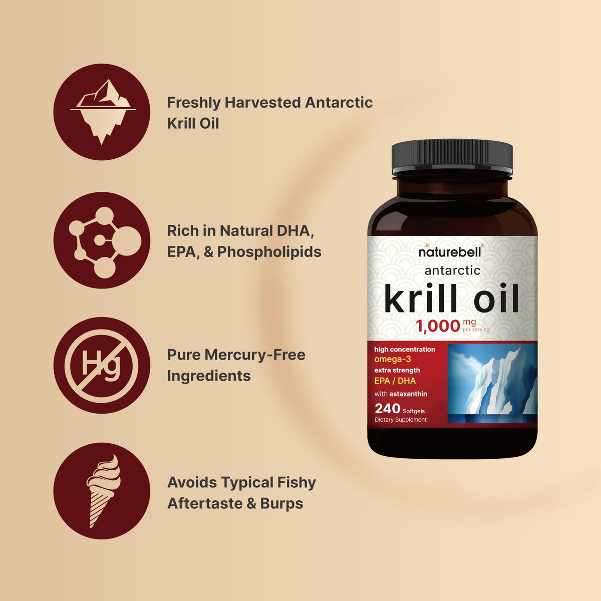 NatureBell Antarctic Krill Oil 1000mg Supplement, 240 Softgels, Natural Source of Omega-3 NatureBellBuy Supplements Australia