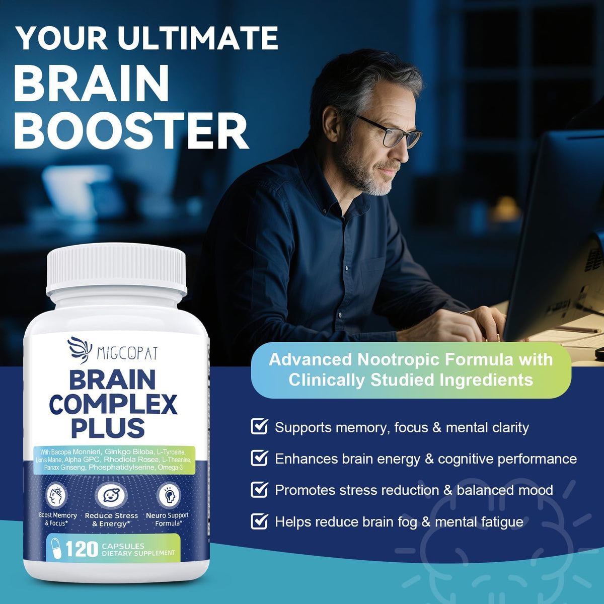 Brain Supplements for Memory and Focus | Nootropic with Bacopa Monnieri, Lion's Mane, Alpha GPC, Ginkgo Biloba | Mental Clarity & Cognitive Support | Vitamin B6 & B12 Neuro Health - Non-GMO, 120 Caps MigcopatBuy Supplements Australia