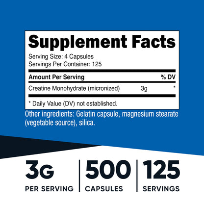 Nutricost Micronized Creatine Monohydrate 3,000mg 500 Capsules, 125 Servings, 750mg of Creatine Monohydrate Per Capsule NutricostBuy Supplements Australia
